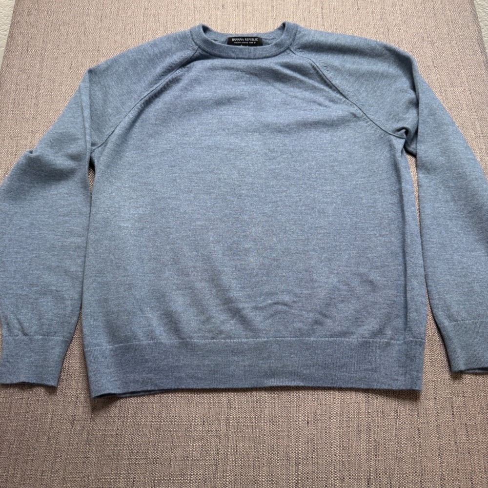 Banana Republic Mens Italian Merino Wool Sweater Blue Crewneck Raglan Large